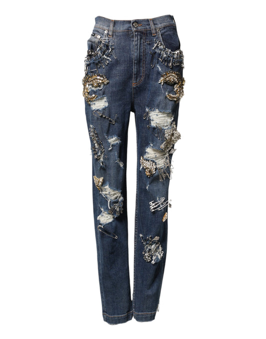Dolce & Gabbana Blue Cotton Rhinestone Embellish Denim Jeans