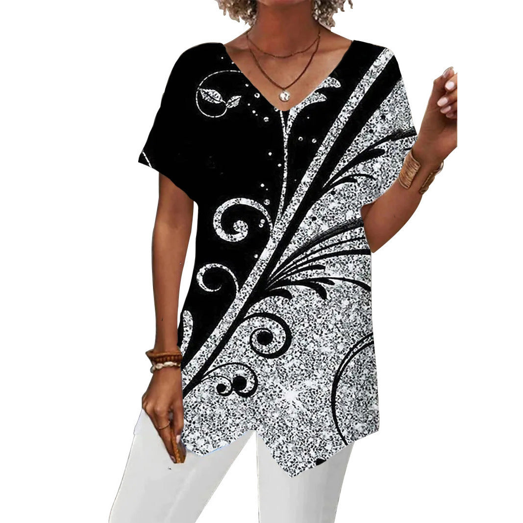 Summer European And American Women's Clothing Printed Irregular Short Sleeve