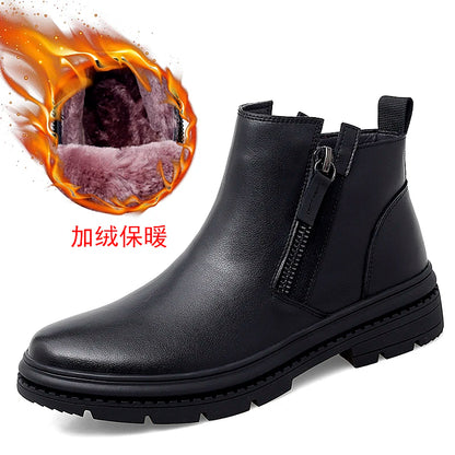 Man Winter Chelsea Boots Fur Warm Male Casual Genuine Leather Shoes