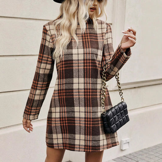 European And American Long Sleeve Plaid Dress Women's Clothing