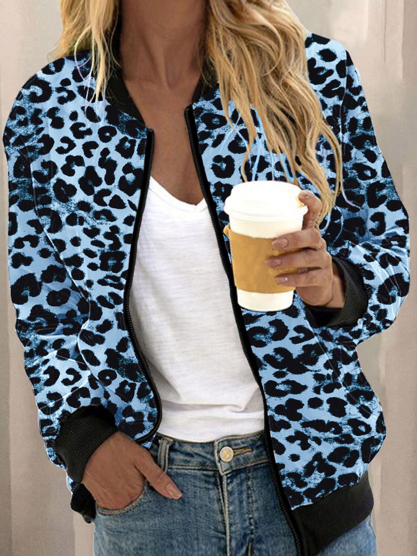 Leopard Print Stand Collar Cardigan Zipper Coat