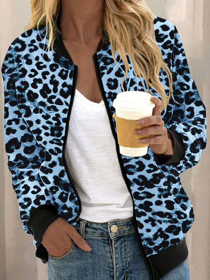 Leopard Print Stand Collar Cardigan Zipper Coat