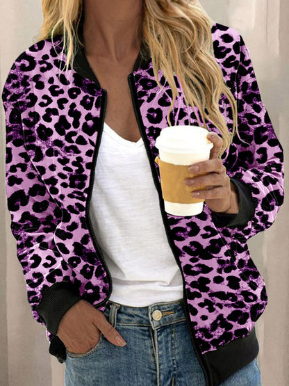 Leopard Print Stand Collar Cardigan Zipper Coat