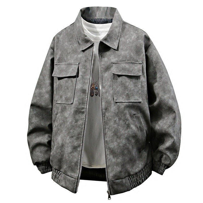 American Retro PU Leather Jacket – 3D Texture, Polo Collar Streetwear - SMARTMARTNZ