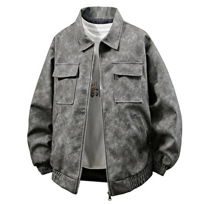 American Retro PU Leather Jacket – 3D Texture, Polo Collar Streetwear - SMARTMARTNZ