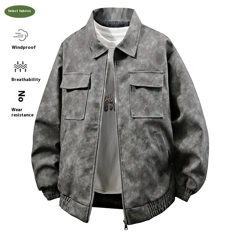 American Retro PU Leather Jacket – 3D Texture, Polo Collar Streetwear - SMARTMARTNZ