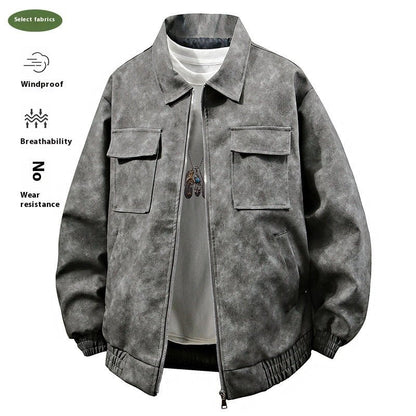 American Retro PU Leather Jacket – 3D Texture, Polo Collar Streetwear - SMARTMARTNZ