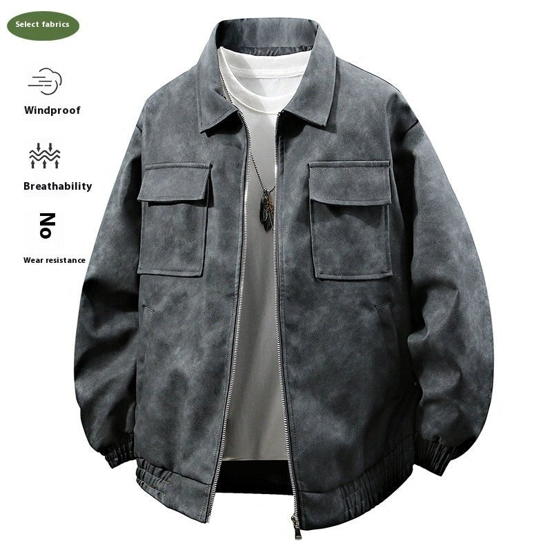 American Retro PU Leather Jacket – 3D Texture, Polo Collar Streetwear - SMARTMARTNZ