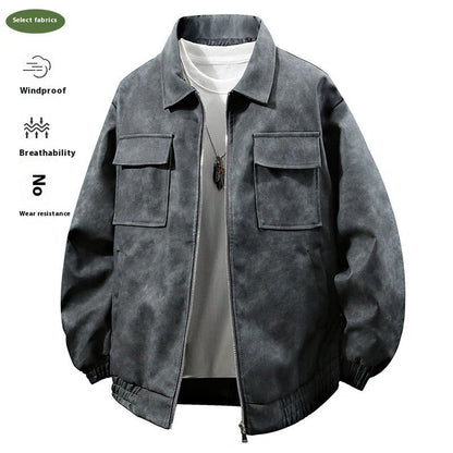 American Retro PU Leather Jacket – 3D Texture, Polo Collar Streetwear - SMARTMARTNZ