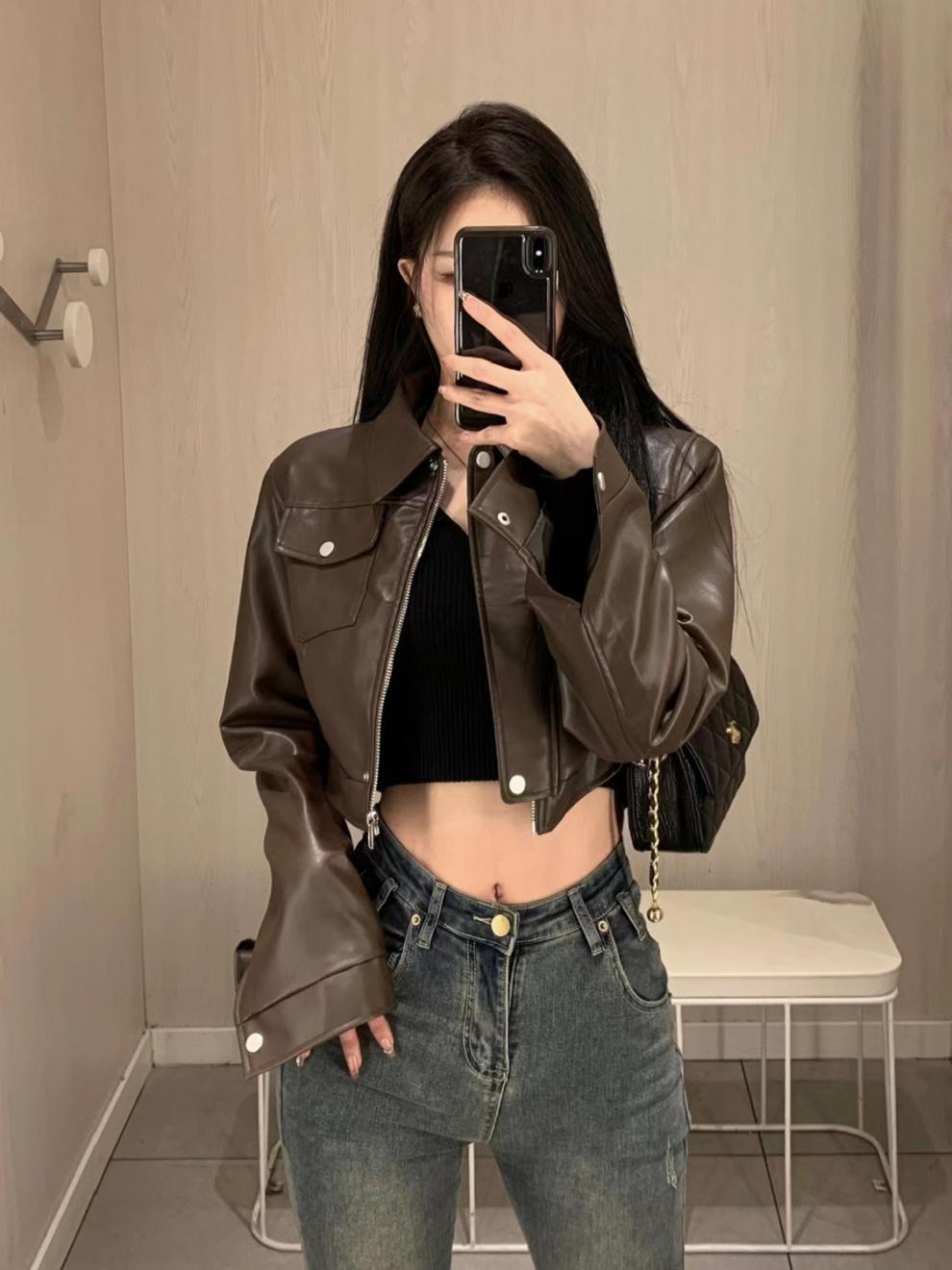 American Retro Sweet Cool Hot Girl Style Coffee Color Leather Coat Motorcycle Jacket Top - SMARTMARTNZ