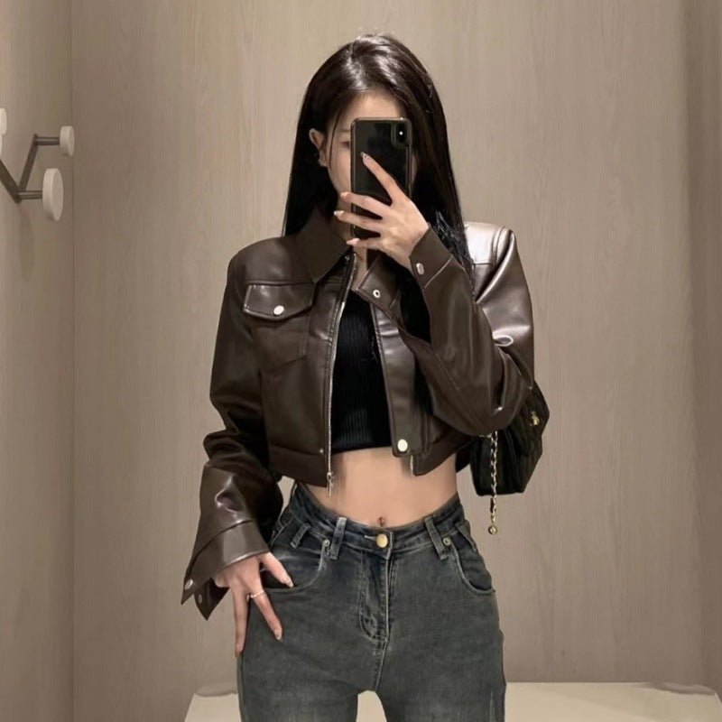 American Retro Sweet Cool Hot Girl Style Coffee Color Leather Coat Motorcycle Jacket Top - SMARTMARTNZ