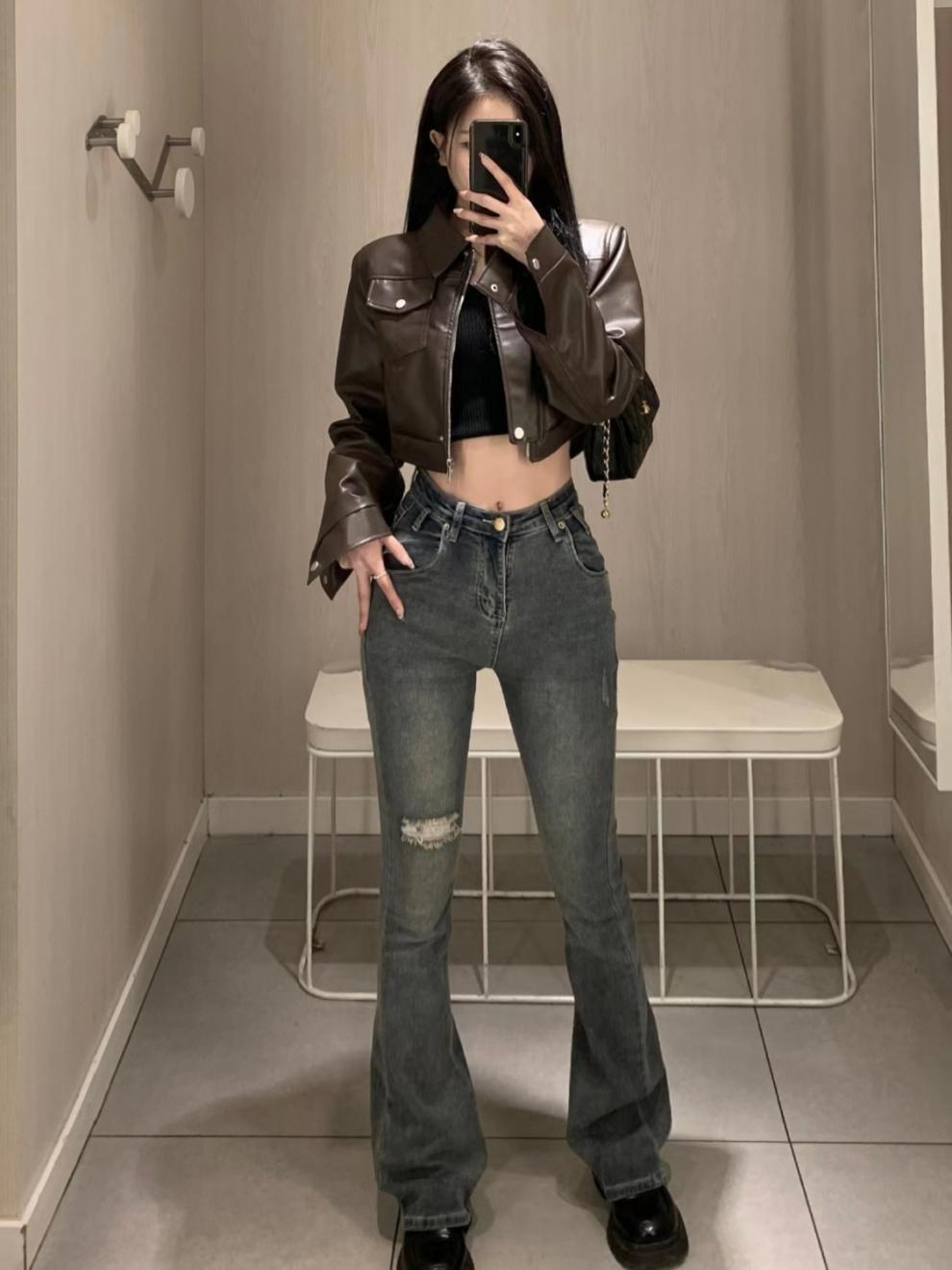 American Retro Sweet Cool Hot Girl Style Coffee Color Leather Coat Motorcycle Jacket Top - SMARTMARTNZ