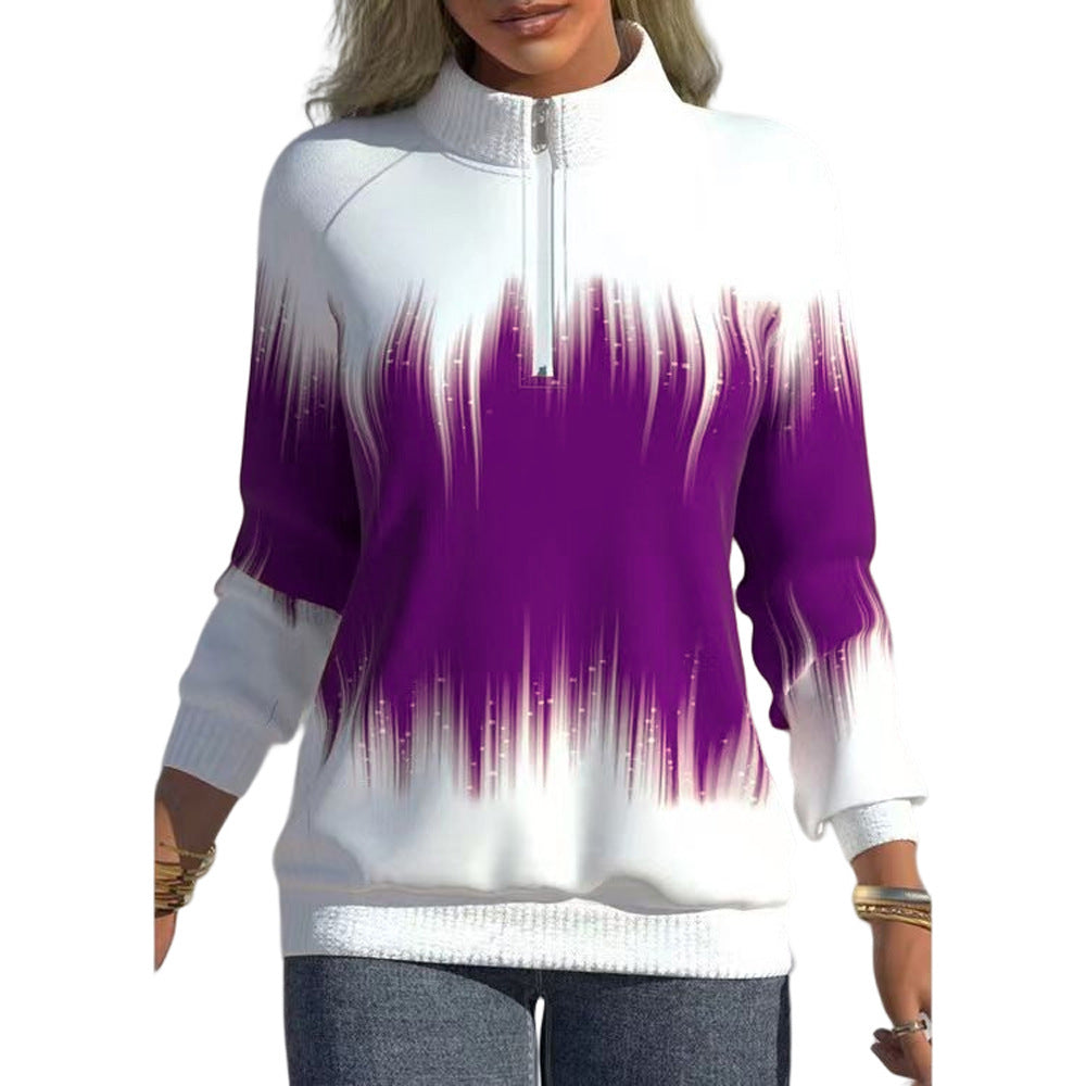 Gradient Color Print Neck Zipper Sweatshirt