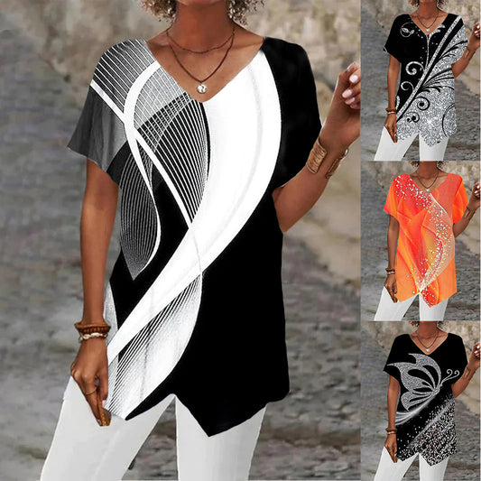 Summer European And American Women's Clothing Printed Irregular Short Sleeve
