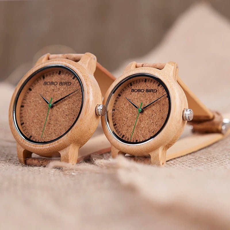 BOBO BIRD Handmade Wooden Couple Watches – Eco - Friendly Bamboo Timepieces with Cork Strap & Gift Box – Custom Logo Available - SMARTMARTNZ