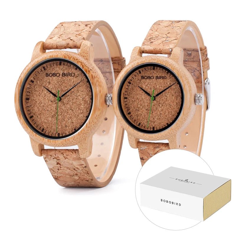 BOBO BIRD Handmade Wooden Couple Watches – Eco - Friendly Bamboo Timepieces with Cork Strap & Gift Box – Custom Logo Available - SMARTMARTNZ