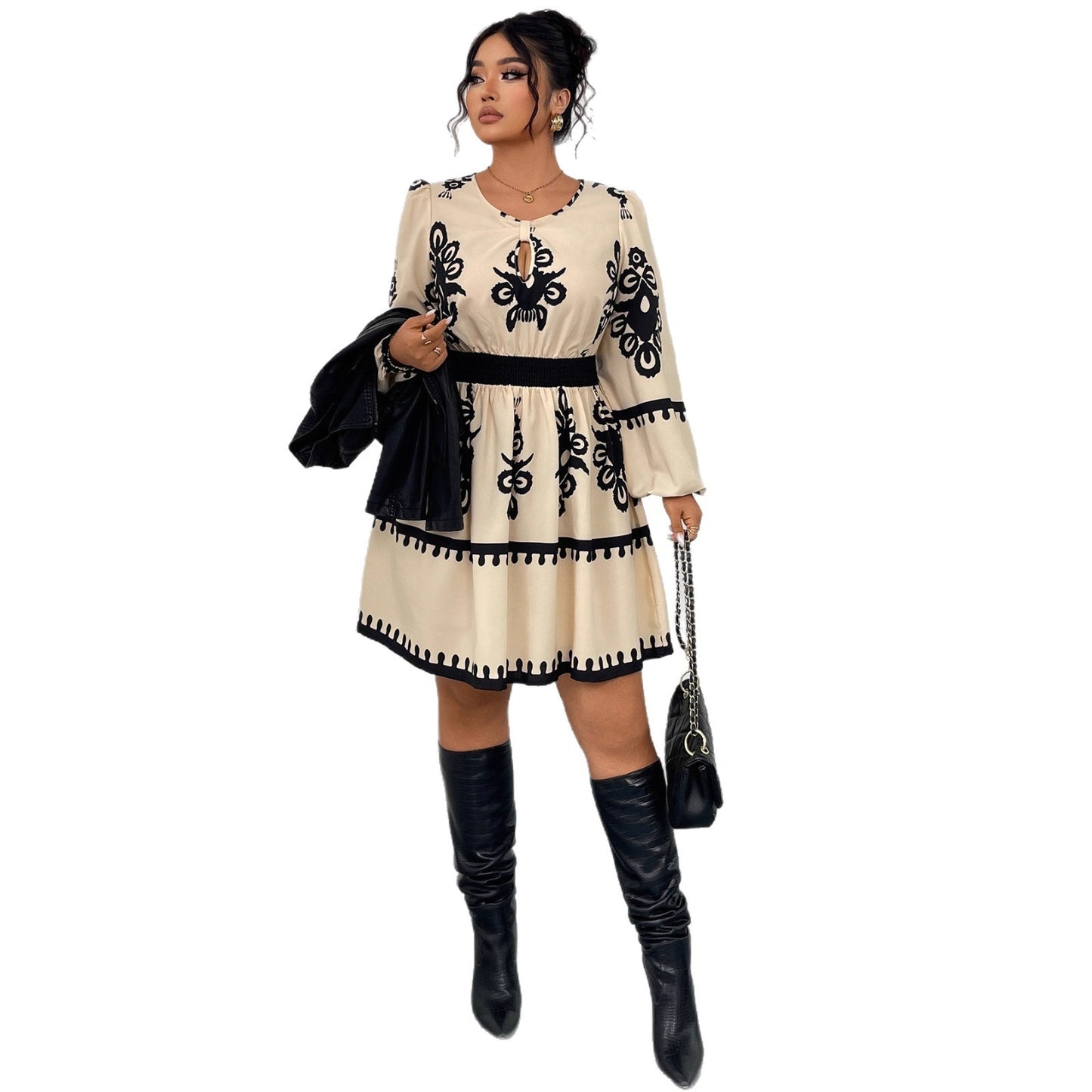 Fashion Round Neck Puff Sleeve Printing Dress Women