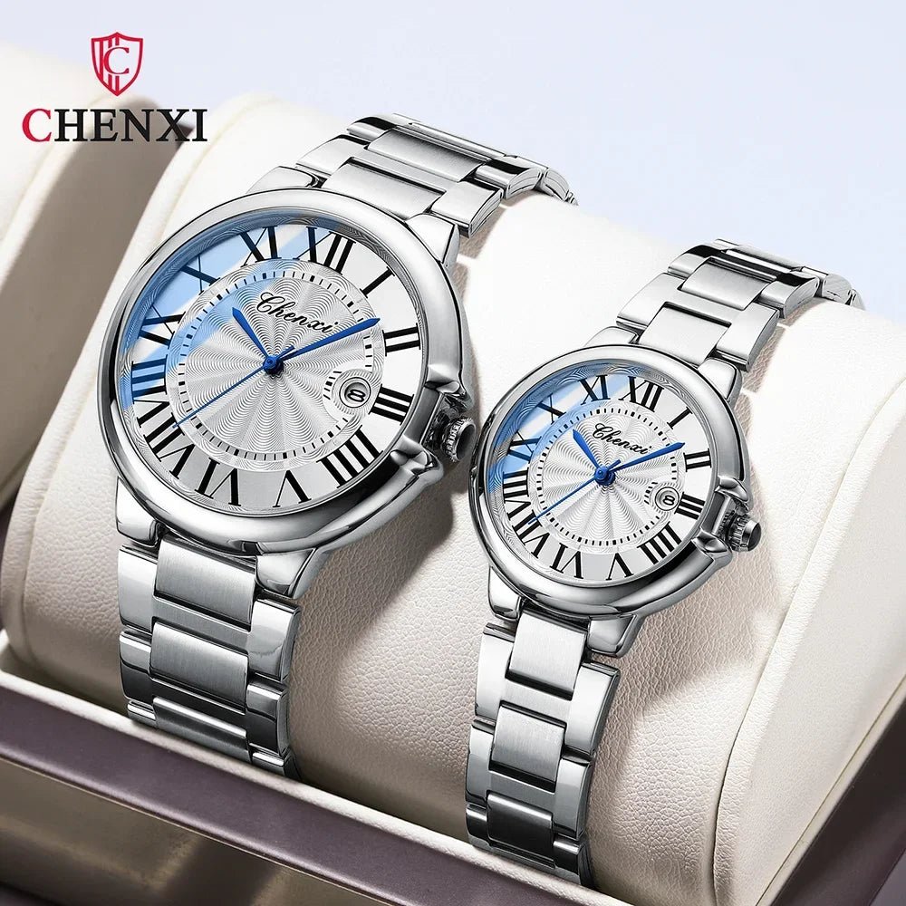 CHENXI 039 Couple Watches – 2024 Luxury Stainless Steel Silver Quartz Wristwatch Set for Men & Women - SMARTMARTNZ