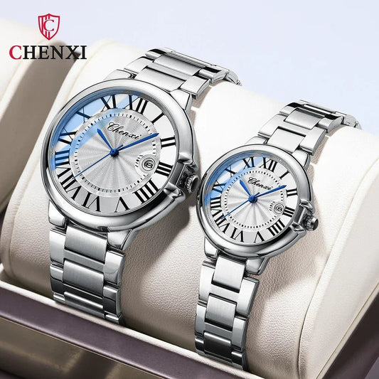 CHENXI 039 Couple Watches – 2024 Luxury Stainless Steel Silver Quartz Wristwatch Set for Men & Women - SMARTMARTNZ