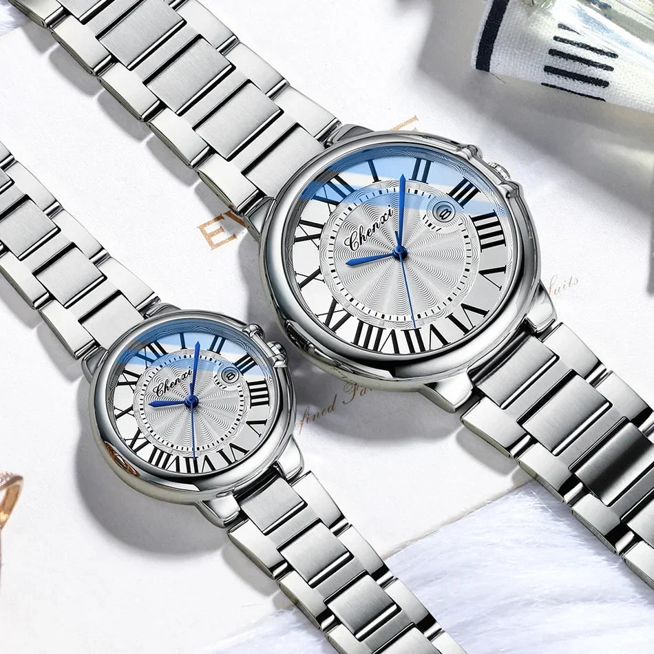 CHENXI 039 Couple Watches – 2024 Luxury Stainless Steel Silver Quartz Wristwatch Set for Men & Women - SMARTMARTNZ