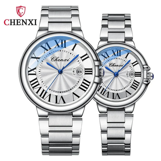 CHENXI 039 Couple Watches – 2024 Luxury Stainless Steel Silver Quartz Wristwatch Set for Men & Women - SMARTMARTNZ