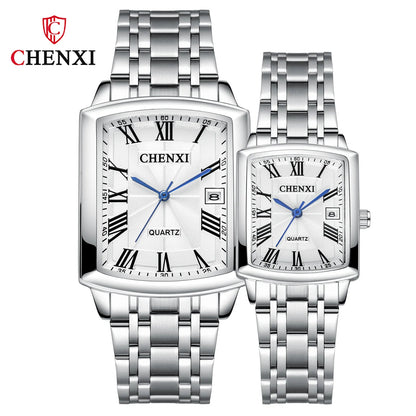 CHENXI 079A Square Couple Quartz Watches – Stainless Steel Strap, Business Casual Design with Calendar for Men & Women - SMARTMARTNZ