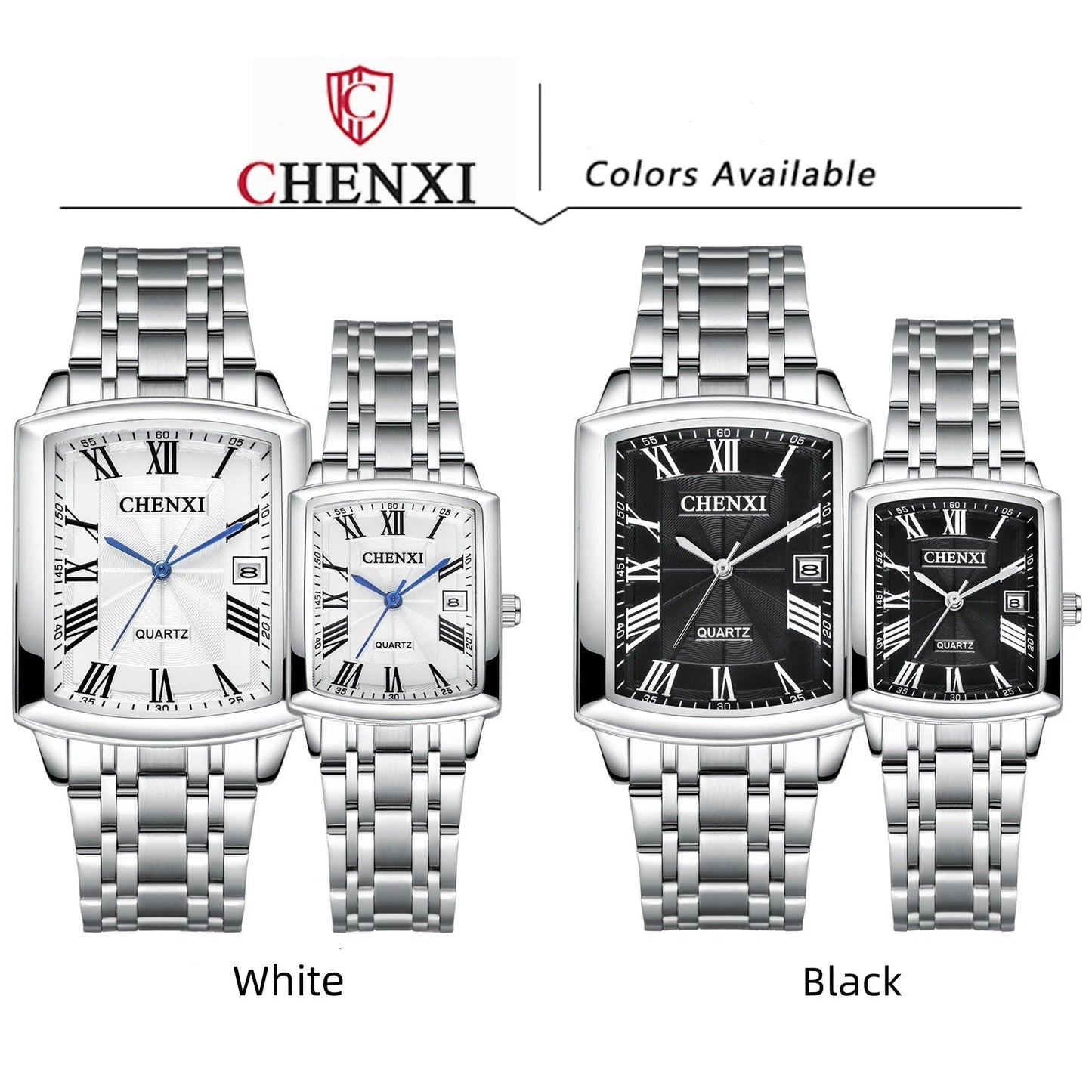 CHENXI 079A Square Couple Quartz Watches – Stainless Steel Strap, Business Casual Design with Calendar for Men & Women - SMARTMARTNZ