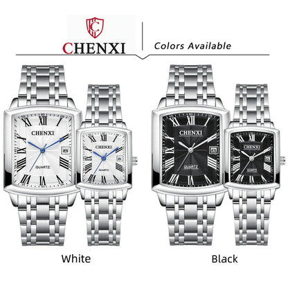 CHENXI 079A Square Couple Quartz Watches – Stainless Steel Strap, Business Casual Design with Calendar for Men & Women - SMARTMARTNZ