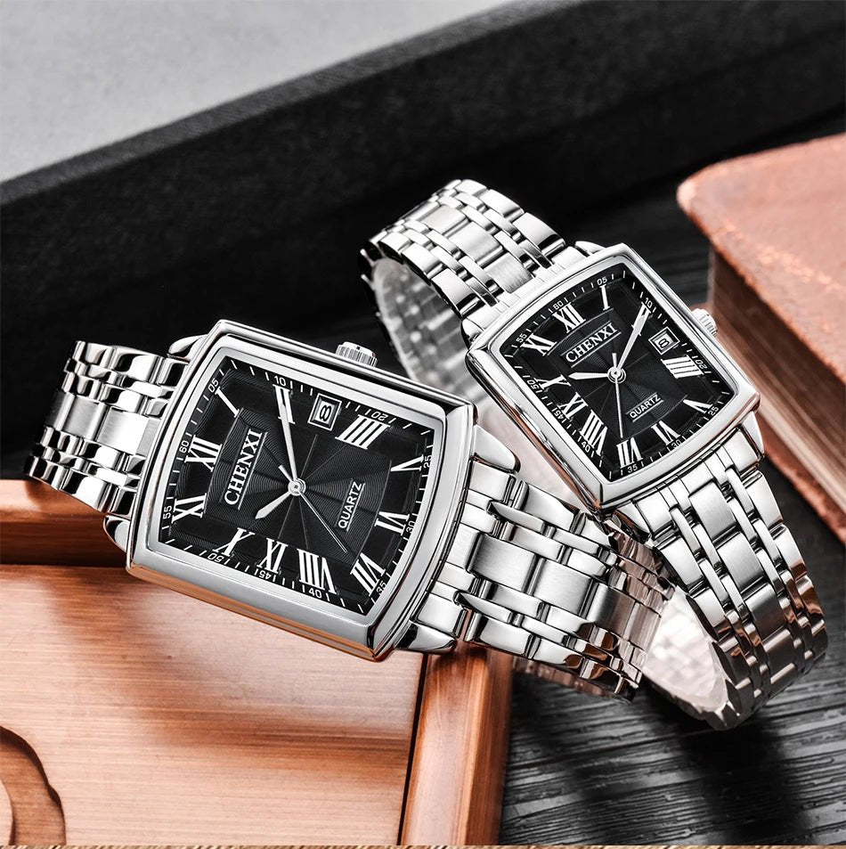 CHENXI 079A Square Couple Quartz Watches – Stainless Steel Strap, Business Casual Design with Calendar for Men & Women - SMARTMARTNZ