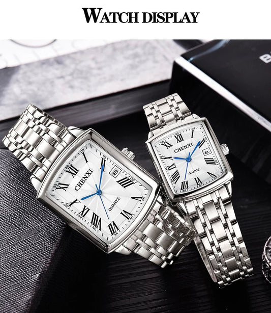 CHENXI 079A Square Couple Quartz Watches – Stainless Steel Strap, Business Casual Design with Calendar for Men & Women - SMARTMARTNZ