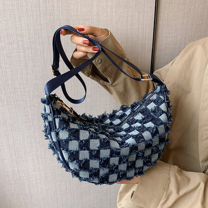Denim Shoulder Bag | Y2K Checkered Chessboard Streetwear - SMARTMARTNZ