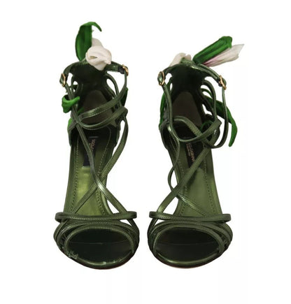 Dolce & Gabbana Acid Green Leather Strappy Flower Heels Sandals Shoes - SMARTMARTNZ