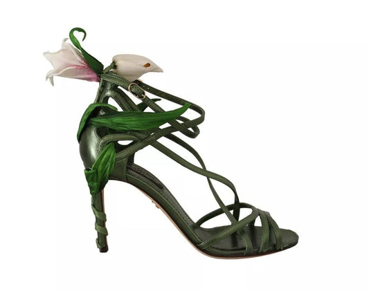 Dolce & Gabbana Acid Green Leather Strappy Flower Heels Sandals Shoes - SMARTMARTNZ