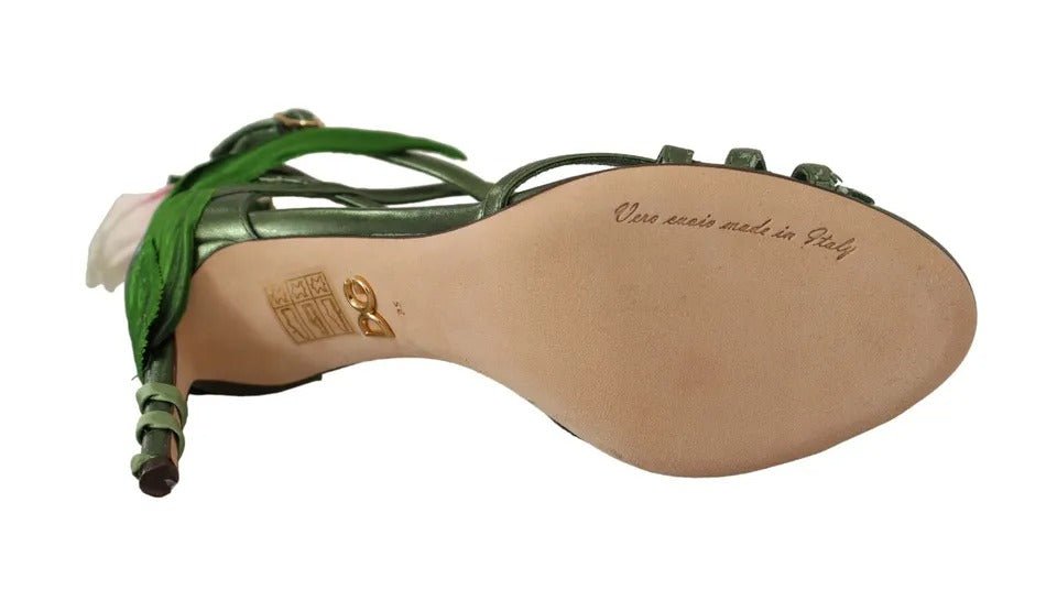 Dolce & Gabbana Acid Green Leather Strappy Flower Heels Sandals Shoes - SMARTMARTNZ