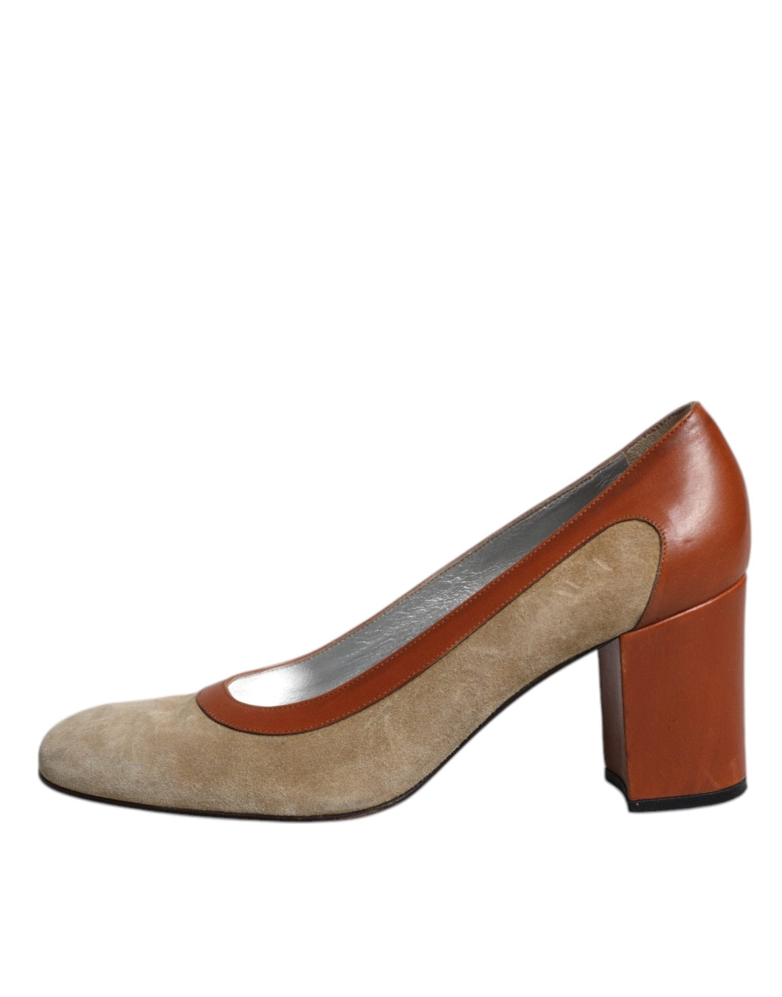Dolce & Gabbana Beige Brown Leather Block Heels Pumps Shoes - SMARTMARTNZ