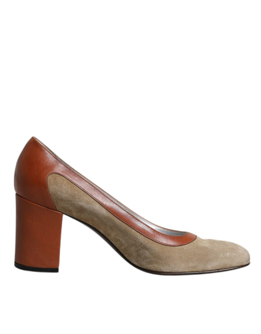 Dolce & Gabbana Beige Brown Leather Block Heels Pumps Shoes - SMARTMARTNZ