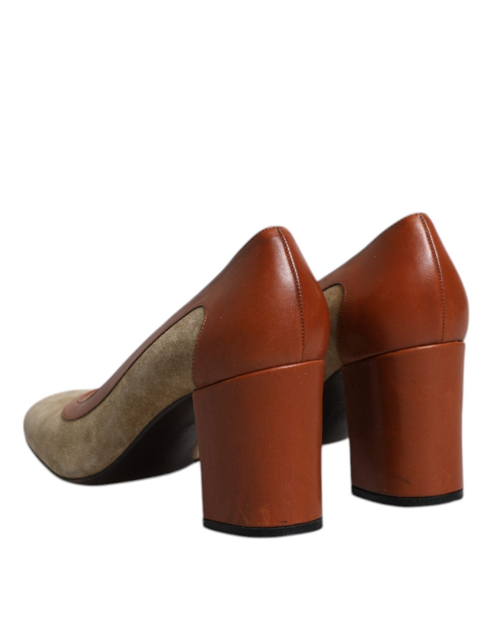 Dolce & Gabbana Beige Brown Leather Block Heels Pumps Shoes - SMARTMARTNZ