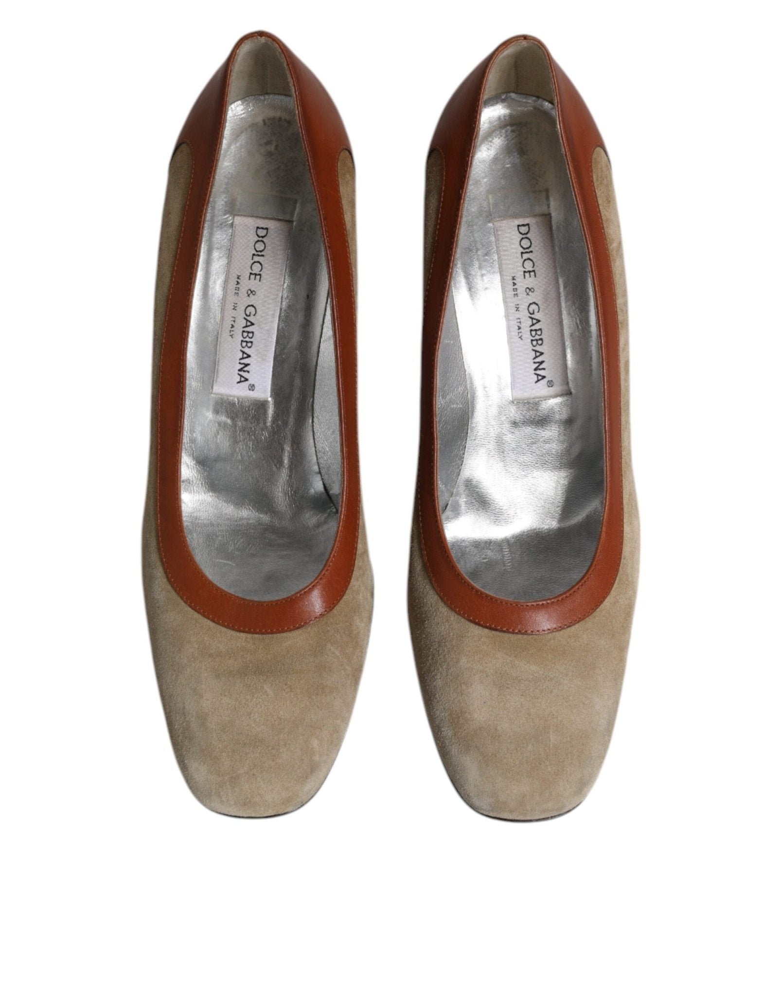 Dolce & Gabbana Beige Brown Leather Block Heels Pumps Shoes - SMARTMARTNZ