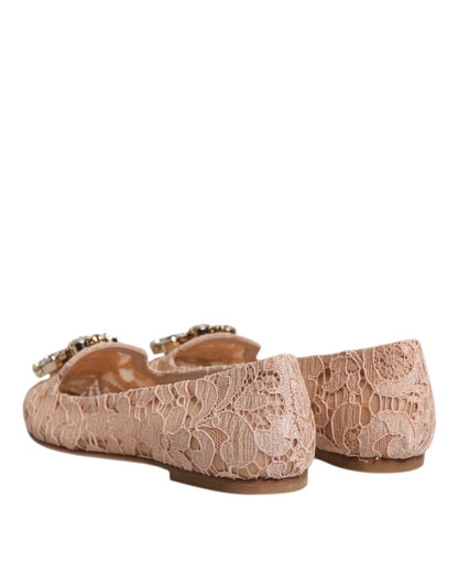 Dolce & Gabbana Beige Lace Crystal Ballet Flats Loafers Shoes - SMARTMARTNZ