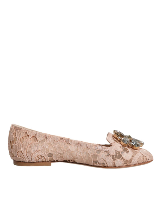 Dolce & Gabbana Beige Lace Crystal Ballet Flats Loafers Shoes - SMARTMARTNZ