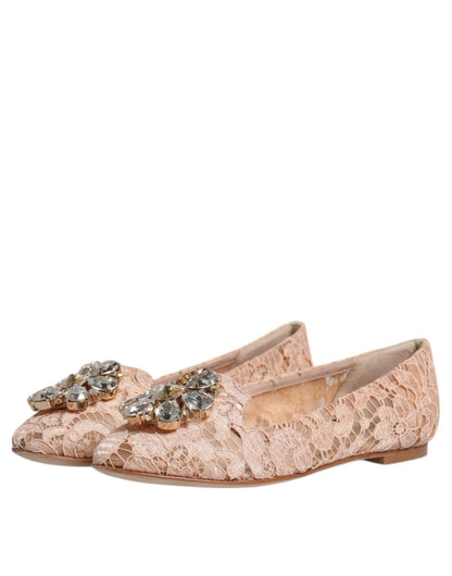 Dolce & Gabbana Beige Lace Crystal Ballet Flats Loafers Shoes - SMARTMARTNZ