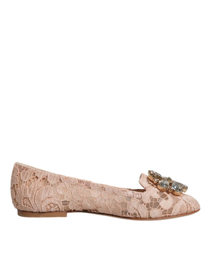 Dolce & Gabbana Beige Lace Crystal Ballet Flats Loafers Shoes - SMARTMARTNZ