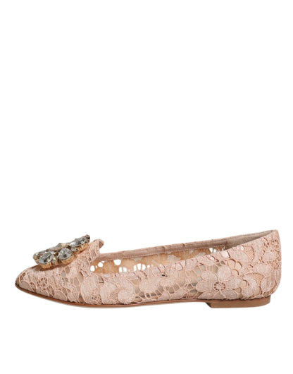 Dolce & Gabbana Beige Lace Crystal Ballet Flats Loafers Shoes - SMARTMARTNZ