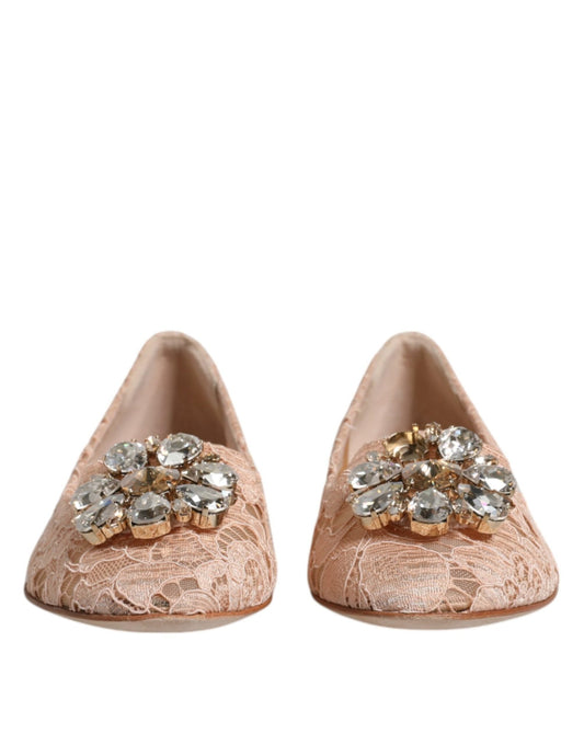 Dolce & Gabbana Beige Lace Crystal Ballet Flats Loafers Shoes - SMARTMARTNZ