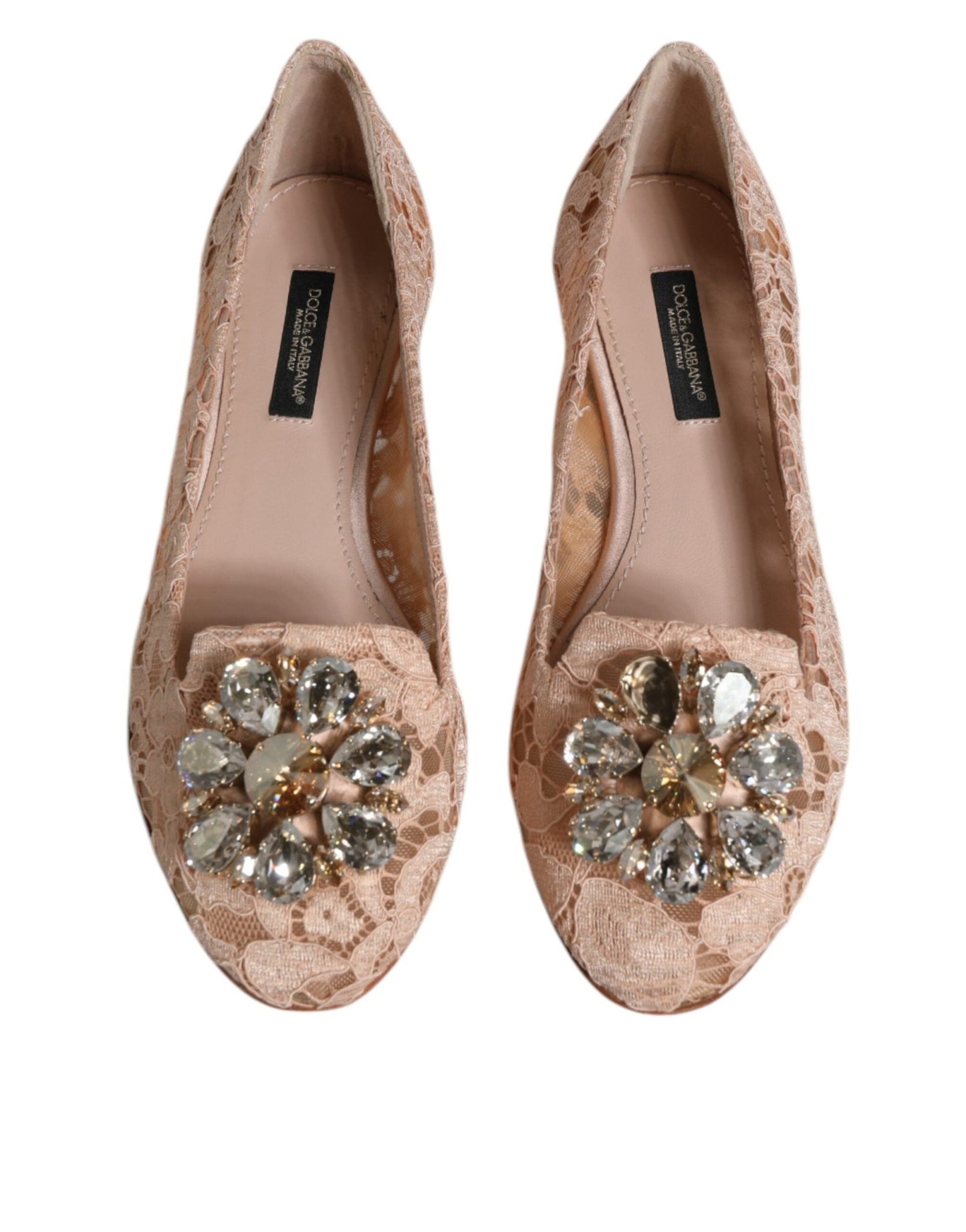 Dolce & Gabbana Beige Lace Crystal Ballet Flats Loafers Shoes - SMARTMARTNZ