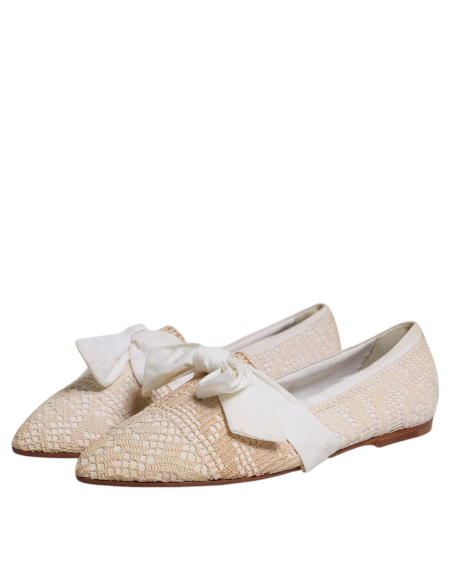 Dolce & Gabbana Beige Ribbon Fabric Ballerina Flats Shoes - SMARTMARTNZ