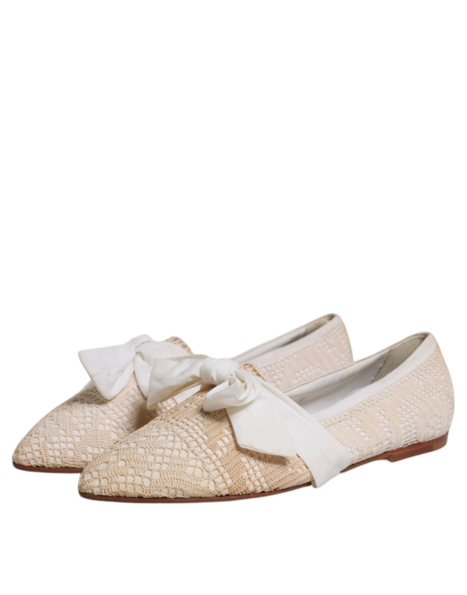 Dolce & Gabbana Beige Ribbon Fabric Ballerina Flats Shoes - SMARTMARTNZ