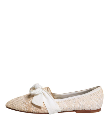 Dolce & Gabbana Beige Ribbon Fabric Ballerina Flats Shoes - SMARTMARTNZ