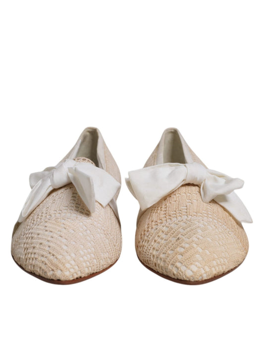 Dolce & Gabbana Beige Ribbon Fabric Ballerina Flats Shoes - SMARTMARTNZ