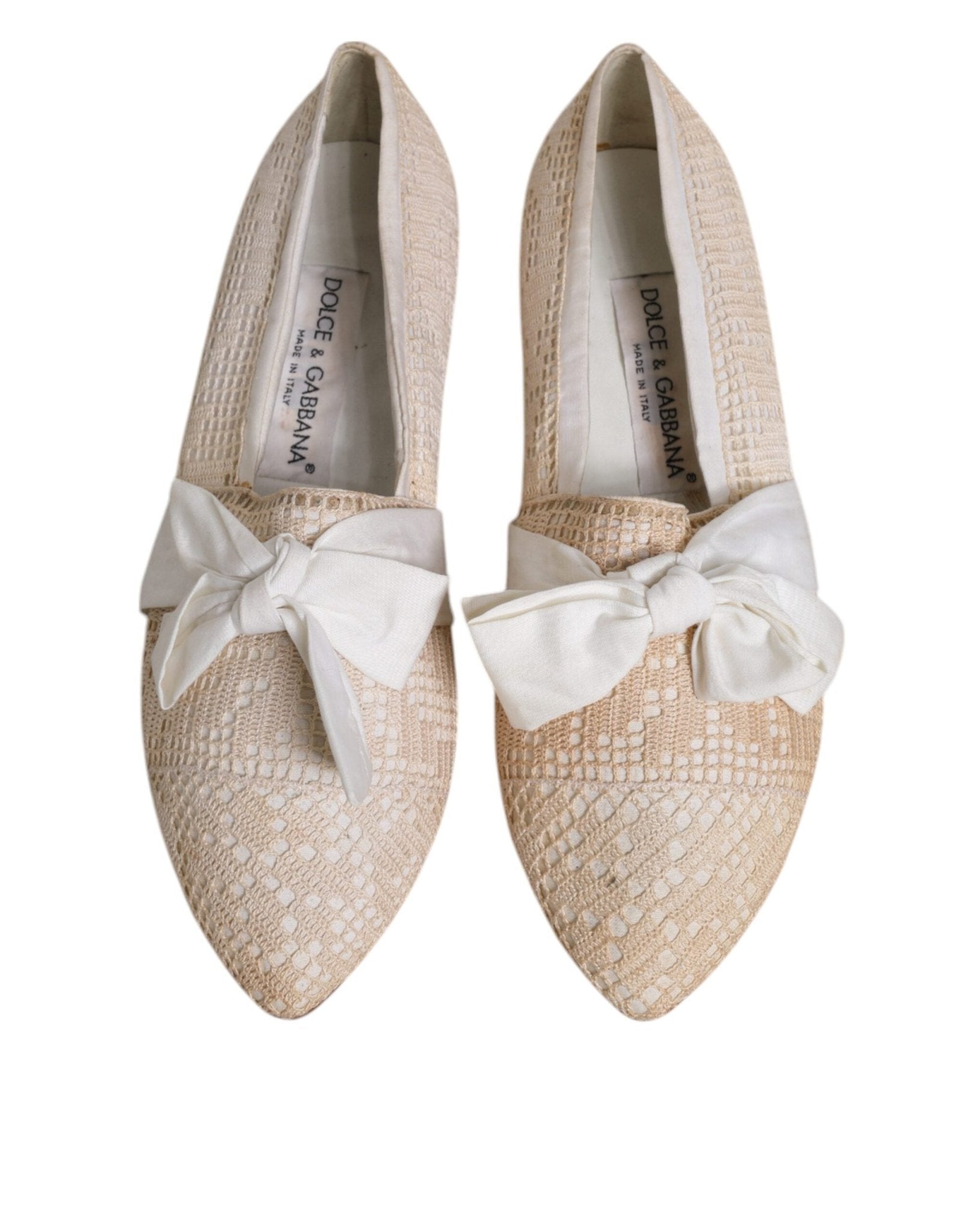 Dolce & Gabbana Beige Ribbon Fabric Ballerina Flats Shoes - SMARTMARTNZ